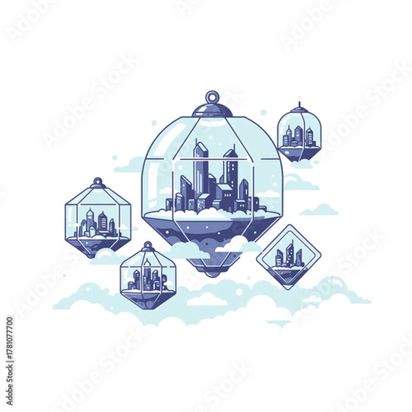 Obraz Floating Cityscapes in Glass Orbs - A Whimsical Architectural Illustration.