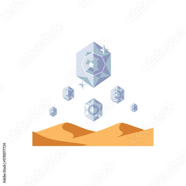 Fototapeta Floating Crystals Above Desert Dunes - A Surreal Landscape Illustration.