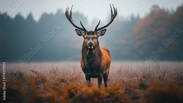 Fototapeta Red Deer Stag in a Golden Field with Large Antlers