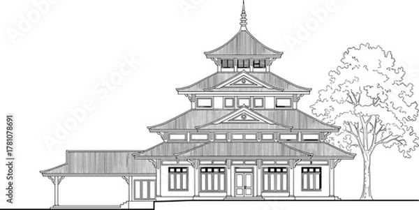 Obraz Pagoda elevation drawing, black and white vector, multi-tiered structure, East Asian architecture, curved eaves, symmetrical facade, traditional building design