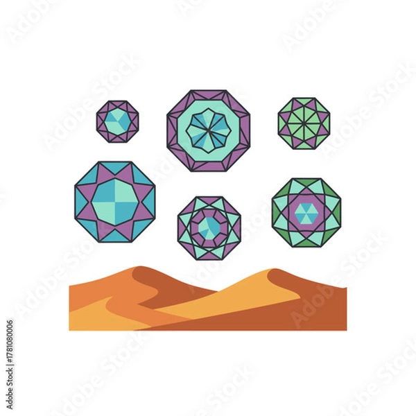 Fototapeta Geometric Jewels Above Desert Dunes, Colorful Octagonal Gems, Abstract Landscape.