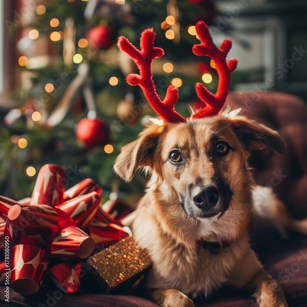 Fototapeta a dog wearing reindeer antlers sitting by the christmas tree, festive joyful mood