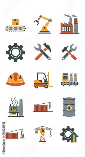 Fototapeta Industry and Manufacturing Icons - Conveyor Belt, Robotic Arm, Factory, Gear, Tools, Helmet, Forklift, Container Crane, Oil Barrel.