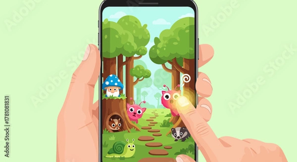 Obraz Interactive Mobile Game Featuring Cartoon Animals in a Forest Setting.