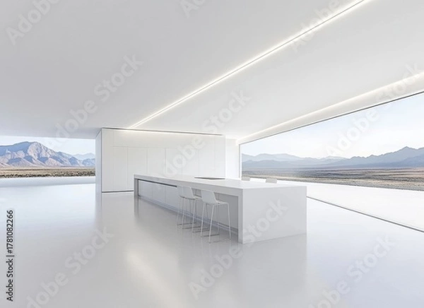 Obraz Contemporary white kitchen featuring a minimalist aesthetic and a garden view