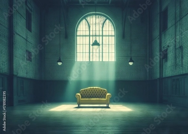 Obraz The loft has a contemporary and stylish interior, characterized by brick walls and a yellow sofa