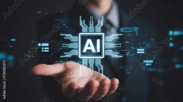 Fototapeta Futuristic AI chip glowing in an open hand, representing artificial intelligence and innovation