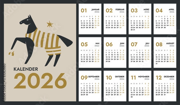 Obraz 2026 full monthly vertical A4 calendar template with Horse on cover. German months names