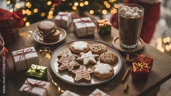 Obraz Christmas table with desserts cookies and coffee holiday decorations