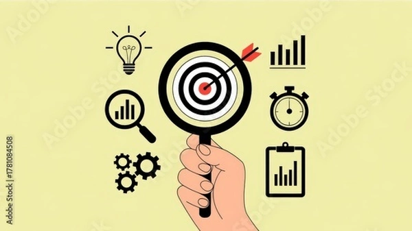 Fototapeta Hand holding magnifying glass over target, symbolizing focus on goals and business strategy