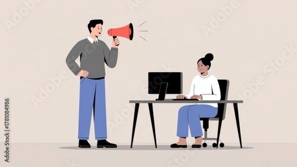 Fototapeta Man with megaphone addressing woman working at computer, conveying urgency or instruction in an office setting.