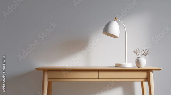 Fototapeta Minimal desk with modern white lamp, soft daylight, clean interior design