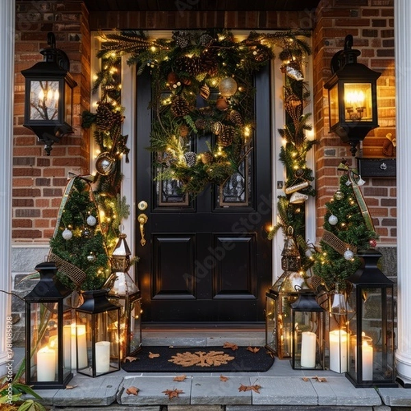 Fototapeta a front door decorated with christmas wreath and lanterns, cozy festive atmosphere