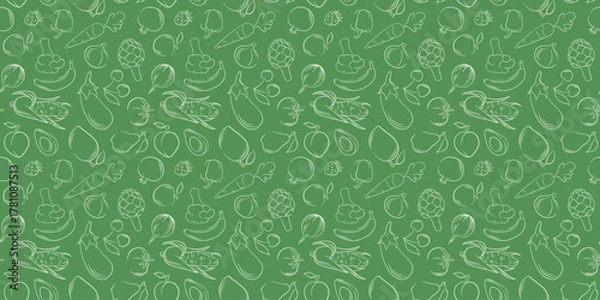 Fototapeta Seamless pattern with line art style fruit and vegetable on green background. Banana, avocado, pepper, carrot, artichoke, strawberry and other for grocery store package.
