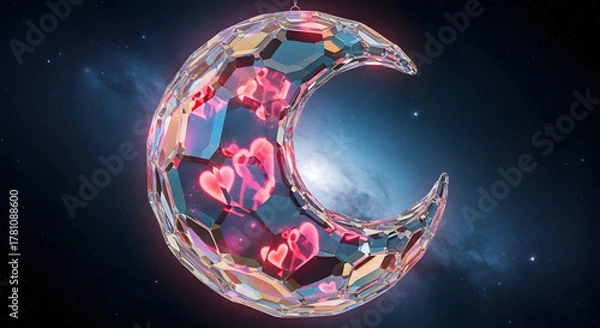 Fototapeta Crystal crescent moon with glowing hearts and starry background