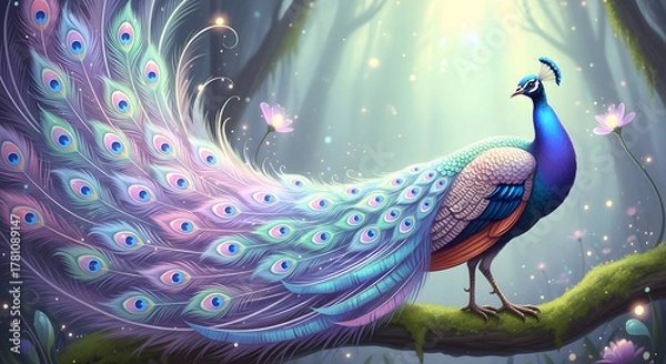 Fototapeta Enchanted Peacock with Flowing Feathers in a Magical Forest Keywords: peacock, bird, animal