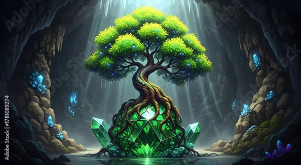 Fototapeta Enchanted Tree Growing from Emerald Crystals in a Cave