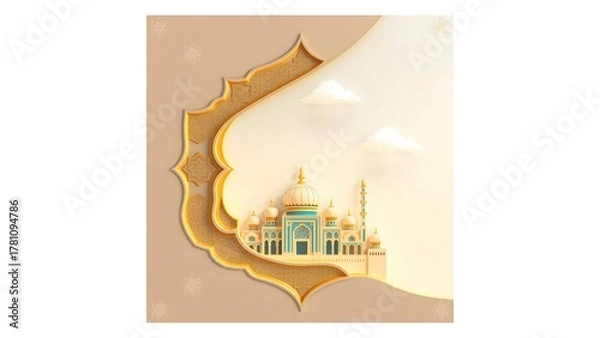 Fototapeta A 3D Islamic background with a stylish, golden-framed composition showcasing a vibrant, intricate mosque