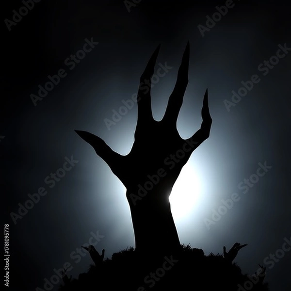Fototapeta silhouette of hands in spotlight,Shadow overlay effect for halloween background with Terrifying scary hands with long nails,Creepy monster claw,silhouette of hands,zombie hand rising out of a graveyar