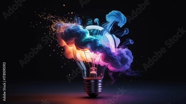Fototapeta Explosion of vibrant color and light emanating from a glowing light bulb, symbolizing creativity and inspiration.