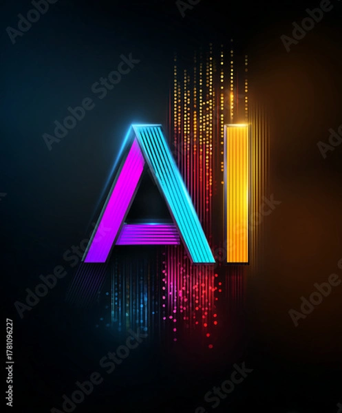 Obraz stylized ai letters in vibrant pink, cyan, blue, and yellow-orange with vertical data lines on dark background in futuristic digital composition