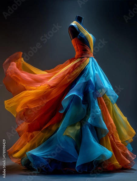 Fototapeta vibrant couture gown with cascading sheer layers in orange, red, yellow, and blue on mannequin in expressive fashion composition