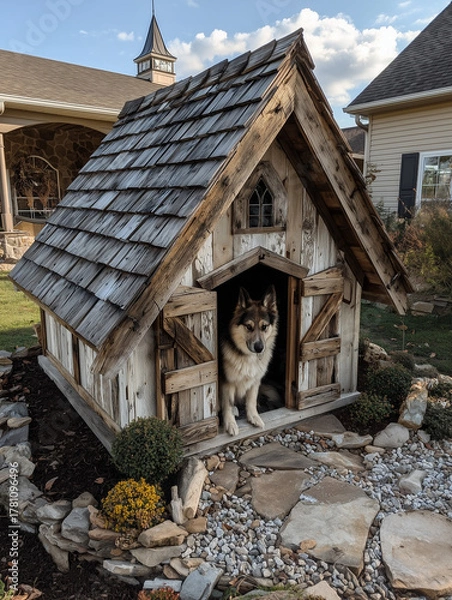 Fototapeta large husky sitting inside rustic wooden doghouse with barn-style doors and shingled roof in landscaped yard with residential backdrop
