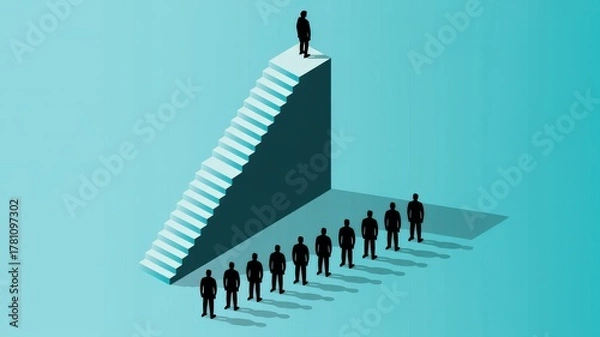 Fototapeta Lone figure stands triumphantly at the top of a staircase, casting a long shadow over a line of followers below.