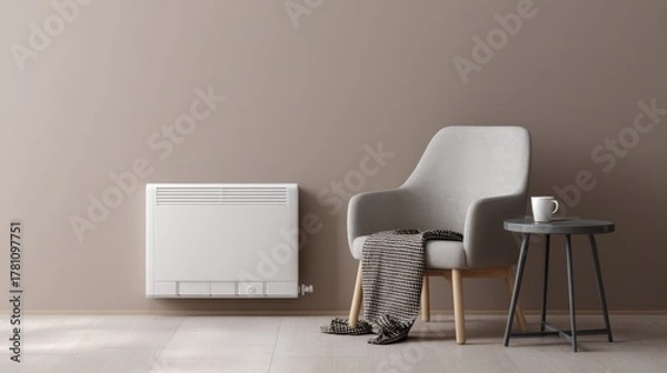 Fototapeta ultra realistic photo of modern minimalistic room with wall mounted electric convector, chair with folded plaid nearby, mug of tea on side table