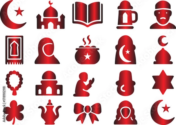 Fototapeta Elegant Ramadan Icons Islamic Symbols for Festive Designs - Mosque, Crescent Moon, Lanterns, and Prayer Beads in Red Gradient
