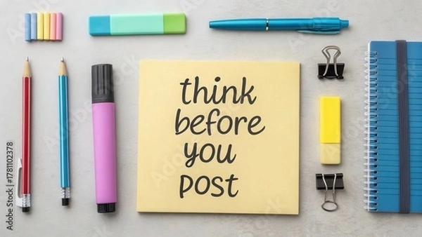 Fototapeta Think Before You Post – Creative Workspace with Stationery Items