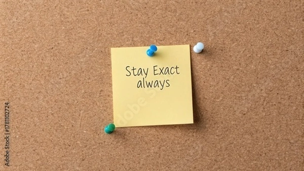 Obraz Sticky Note with Stay Exact Message on Cork Board Background