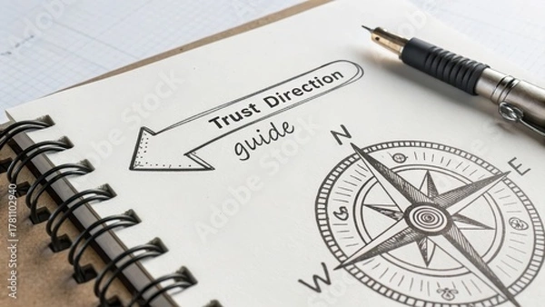 Fototapeta Trust Direction Guide with Compass Drawing on Notebook Background
