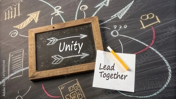 Fototapeta Unity Concept with Chalkboard and Arrows Emphasizing Teamwork