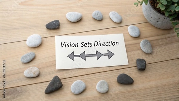 Fototapeta Vision Sets Direction With Stones and Greenery on Wooden Surface