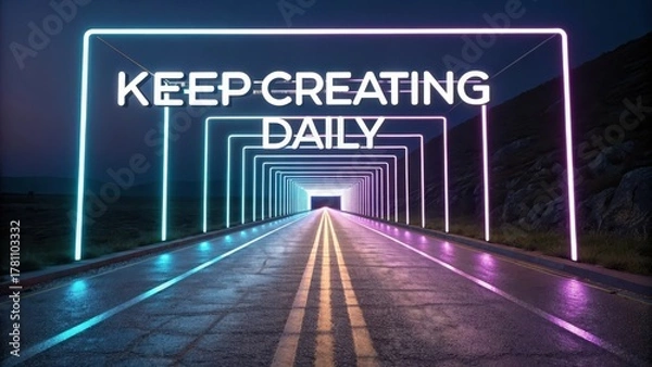 Fototapeta Vibrant Neon Sign with Inspirational Message on Empty Road at Night