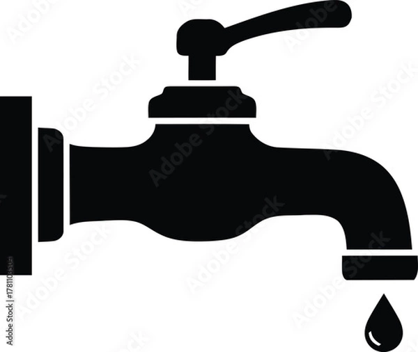 Fototapeta Black and White Faucet Tap Water Dripping Illustration Representing Plumbing Fixture for Hygiene with a Handle and Water Drop in a Home Bathroom or Kitchen