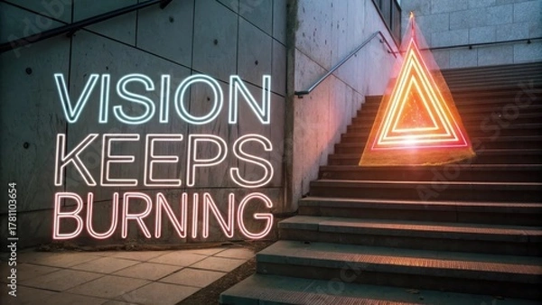 Fototapeta Vision Keeps Burning Neon Sign on Urban Concrete Staircase