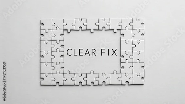 Fototapeta White Puzzle Frame with Clear Fix Text Center on Light Background