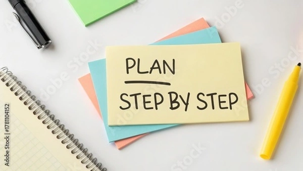 Fototapeta Writing a Plan Step by Step with Colorful Paper and Pen