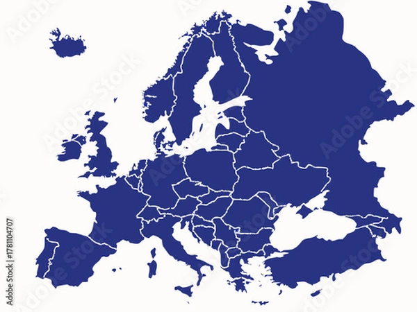 Fototapeta Detailed Blue Europe Map with Country Borders on White Background Illustration