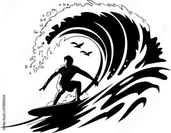 Fototapeta A male surfer riding a large, powerful ocean wave silhouette