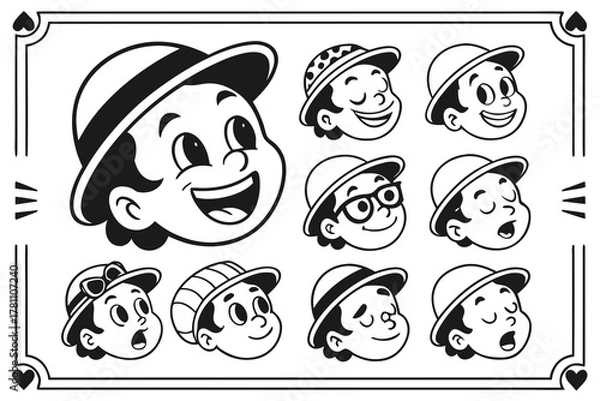 Fototapeta Cartoon Boy Faces with Hats in Black and White Outline Vintage Style with Various Expressions