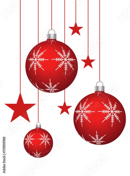 Fototapeta Red gradient hanging balls with snowflakes