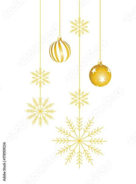 Fototapeta Golden hanging balls and snowflakes festive design element