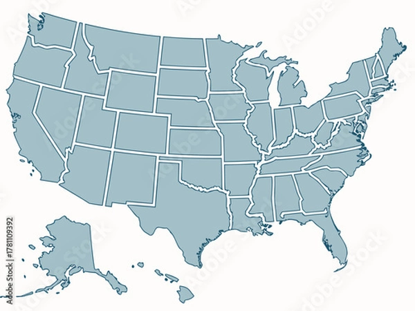Fototapeta United States of America Map with State Borders in Light Gray and White Outlines simplified