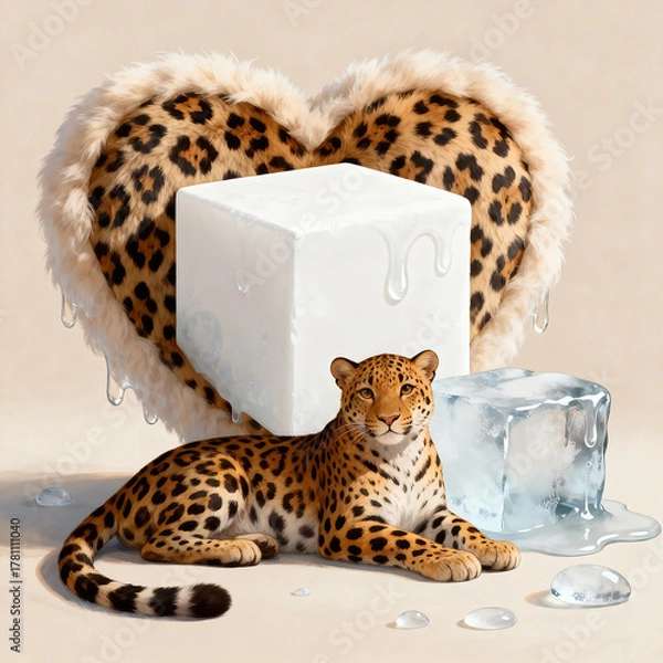 Fototapeta Leopard With Furry Heart And Ice Cubes Art Concept