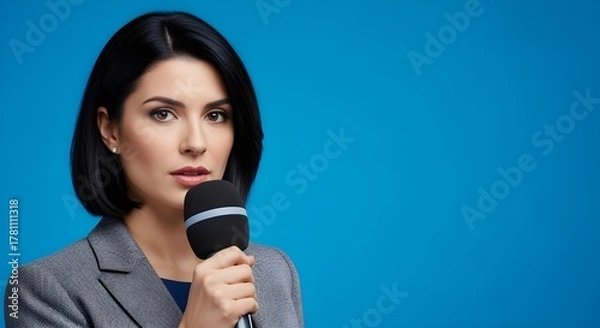 Fototapeta Professional woman speaking into a microphone with a confident expression on a blue background
