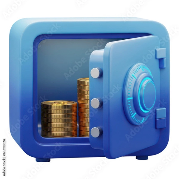 Fototapeta Safe with stacks of gold coins inside, 3d rendering isolated on transparent background