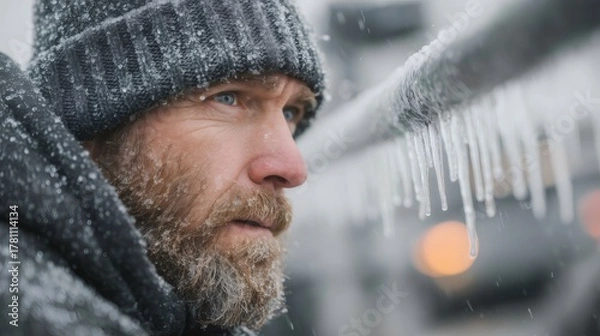 Obraz Man facing harsh winter weather with frozen beard